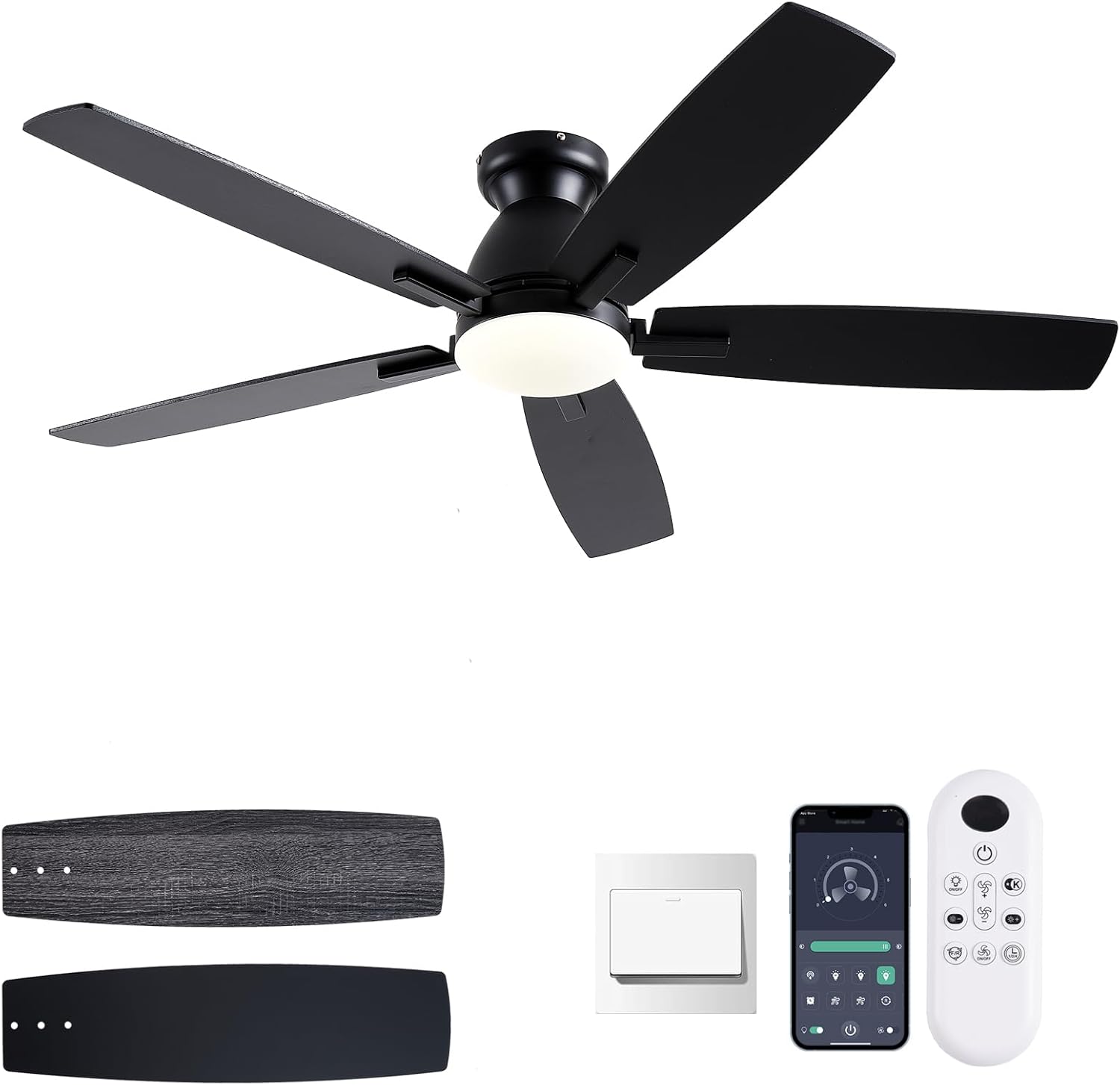 Ceiling Fans with Lights, 52 Inch Low Profile Ceiling Fan with Remote/App Control, Flush Mount, DC Reversible Motor, Dimmable LED Black Ceiling Fans for Bedroom,Indoor/Outdoor Patio Use